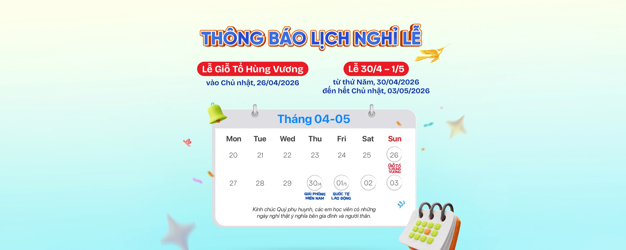 lịch nghỉ lễ Giổ Tổ Hùng Vương và 30.4 - 1.5